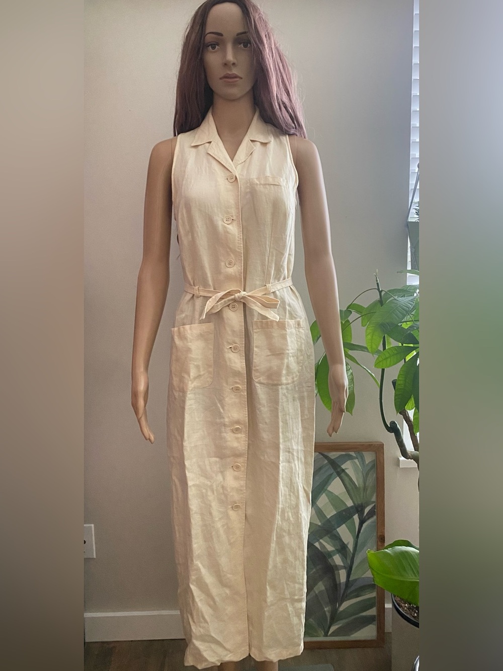 Sleeveless Button-Front Italian  Linen maxi Dress in Light Cream